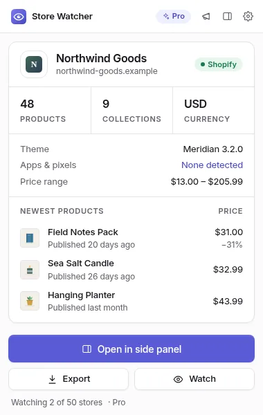 Store Watcher popup for a demo store: product count, collections, theme, price range and newest products